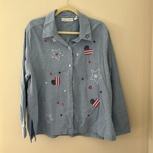 Drapers & Damons Womens 2X Blue Patriotic‎ Embroidered Stars Hearts Shirt Plus